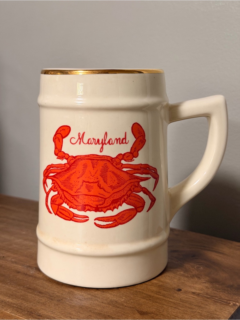 Vintage Maryland Chesapeake Bay Crab Large Ceramic Stein with Gold Trim
